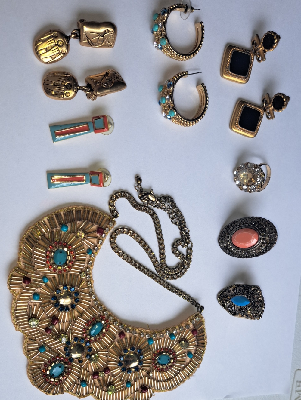 Gold-Tone Statement Jewelry Turquoise and Coral Accents Egyptian Western Mix Lot